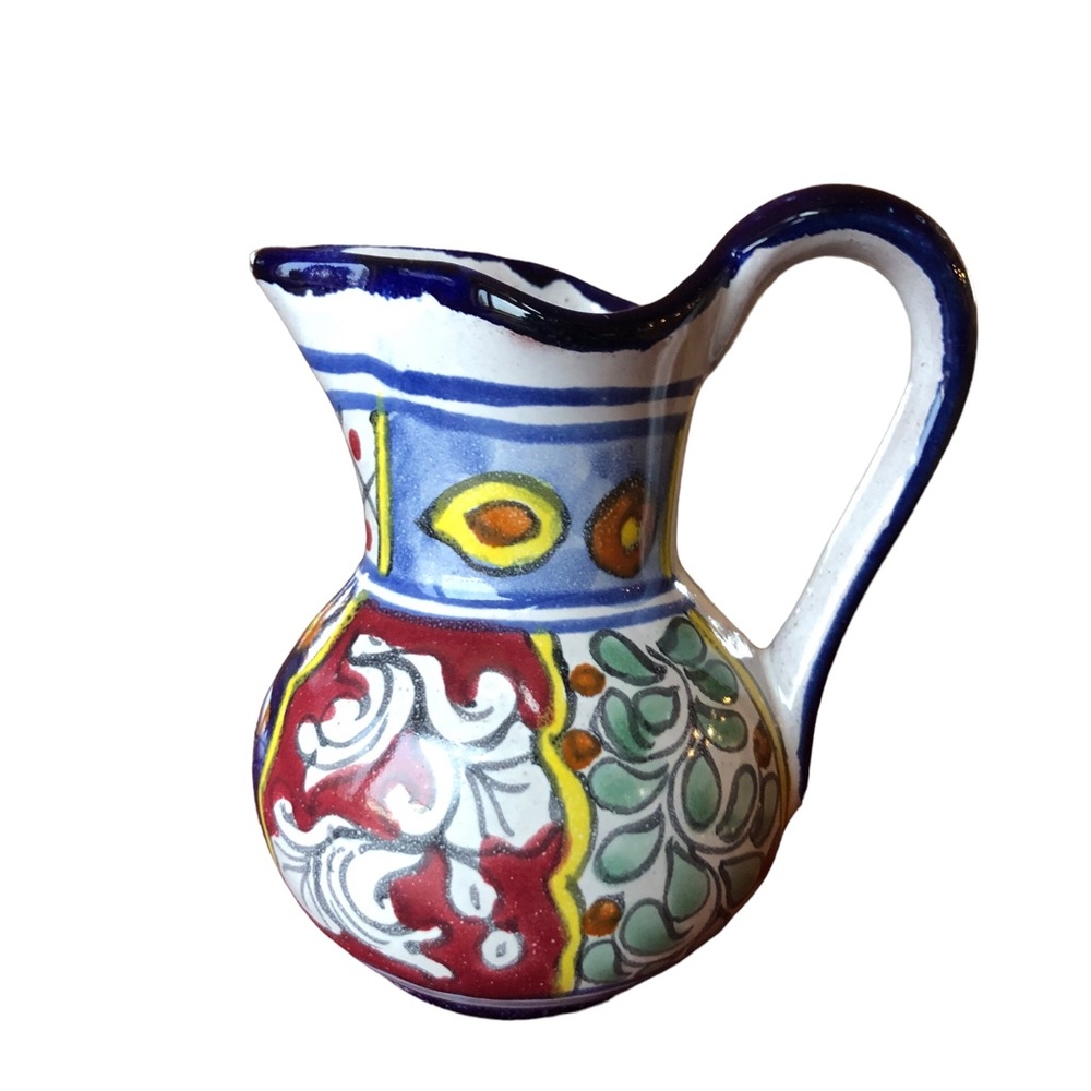 Talavera Small Pitcher Creamer Jug Cobalt Blue Red Clay 5” Floral Fruit Folk Art